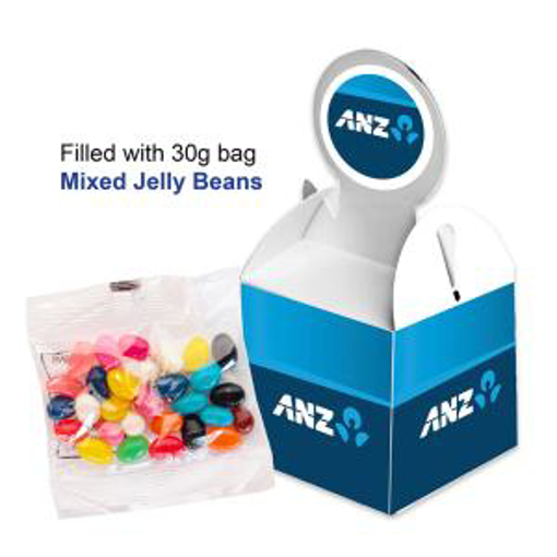 Picture of Billboard Cube with 30g unbranded bag of Corproate Coloured Choc Beans